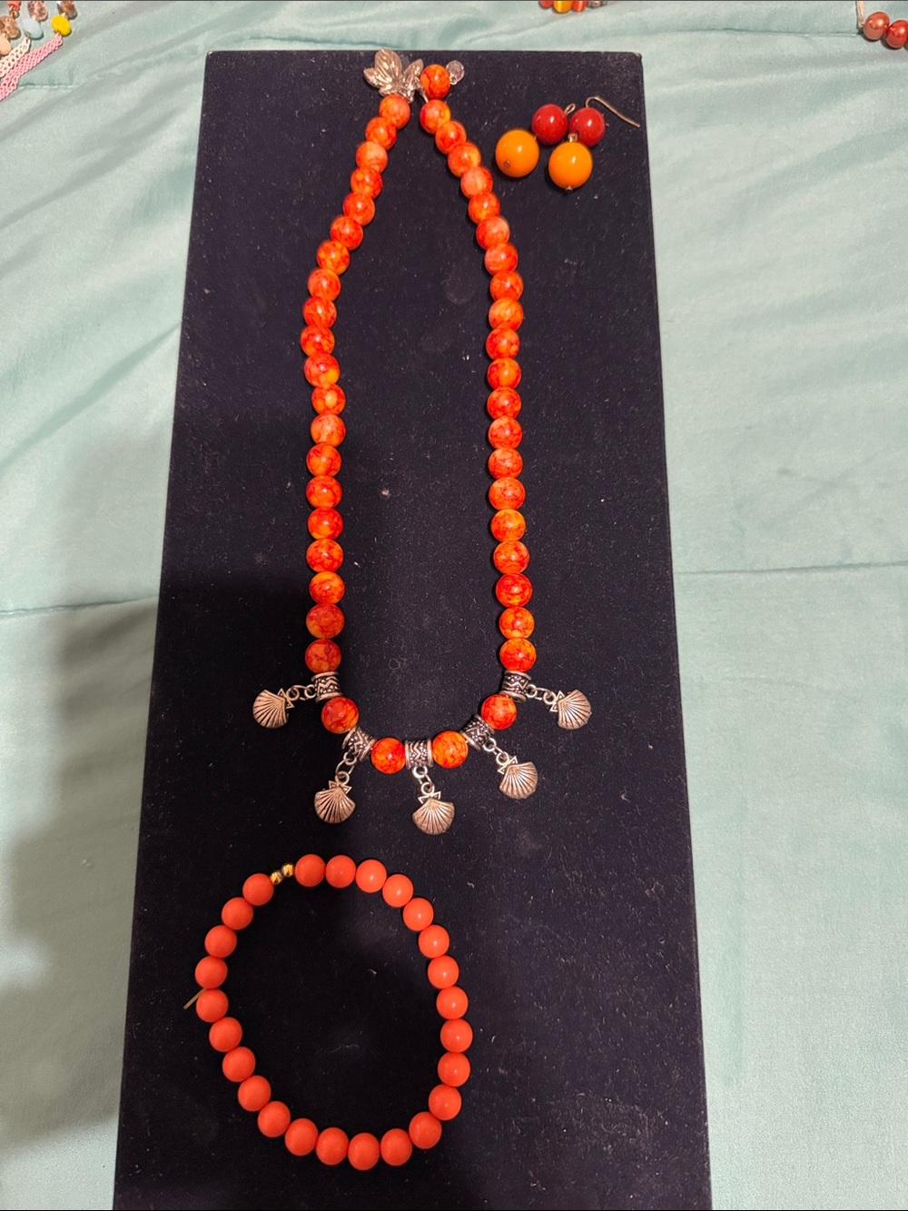 Orange Beaded Necklace & Bracelet Set with Shell Charms